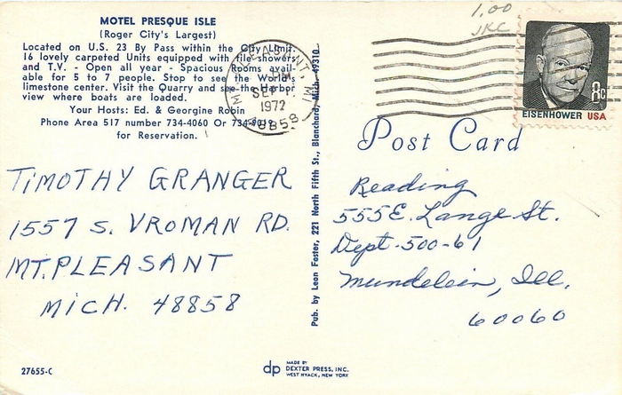 Presque Isles Huron Shore Motel (Presque Isle Motel) - Old Postcard Back